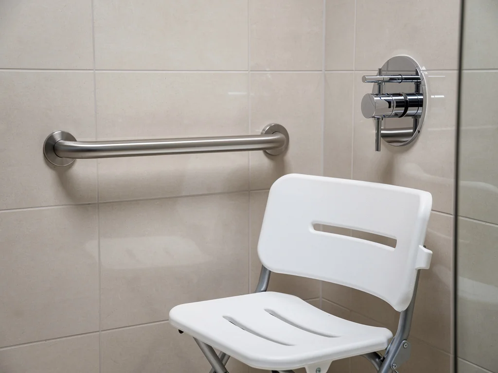 Barre d'appui et siège rabattable posés dans une douche accessible