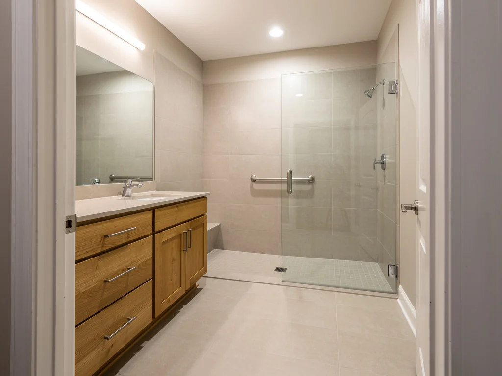 Salle de bain de senior rénovée, éclairage renforcé et rangements bas
